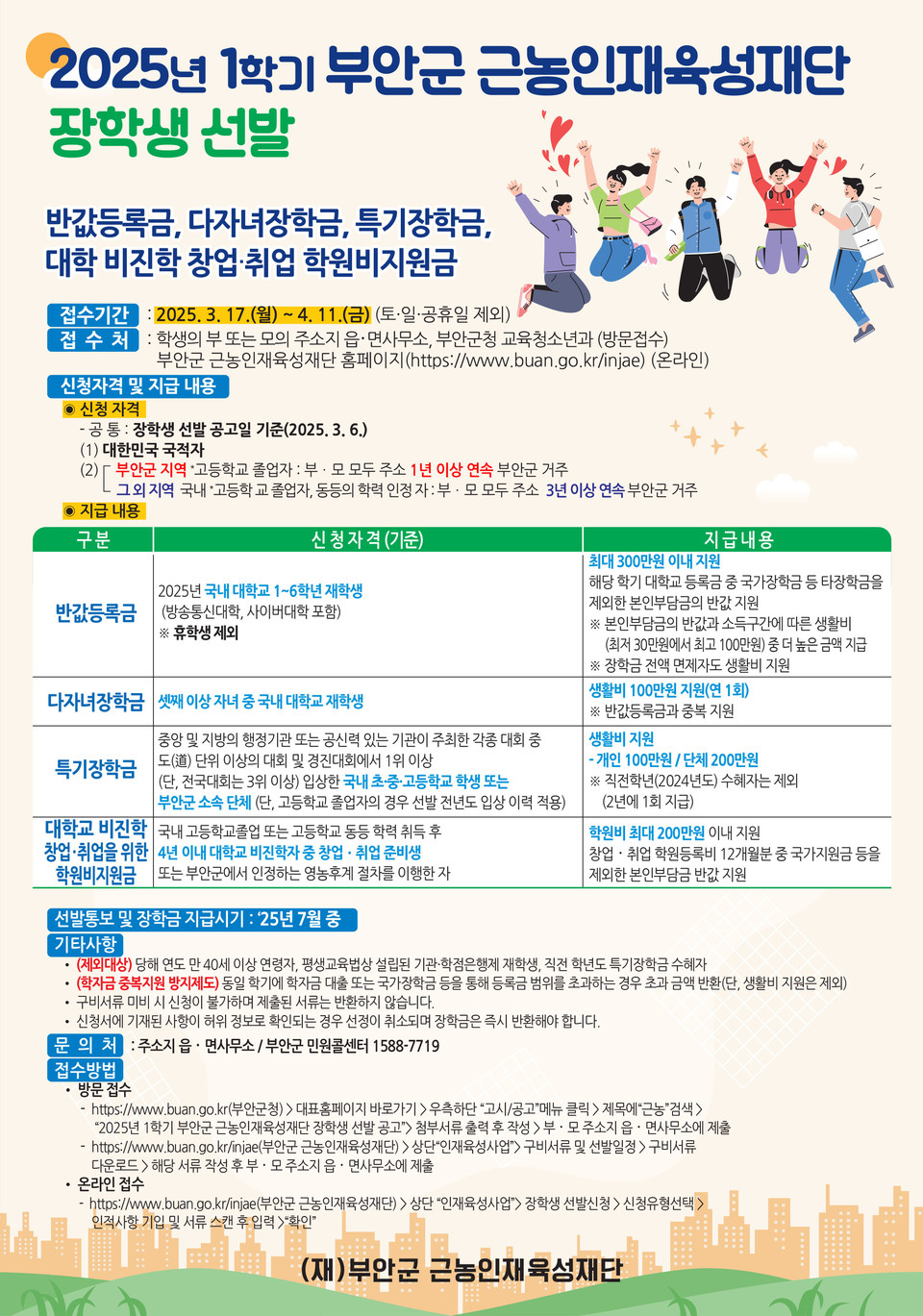부안군 근농인재육성재단이 2025년 1학기 장학생 신청을 접수한다. 기간은 3월 17일부터 4월 11일까지로 대학생 부모 주소지 읍면 사무소와 근농인재육성재단 홈페이지 등에서 신청할 수 있다. 사진은 장학생 선발 안내문.